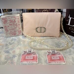 CHRISTIAN DIOR BEAUTE PINK PEARL STRAP CLUTCH/CROSSBODY AND PENCIL SET